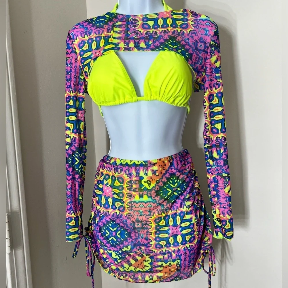 4pc Yellow Triangle Halter High Cut Bikini Set with Shrug & Drawstring Skirt